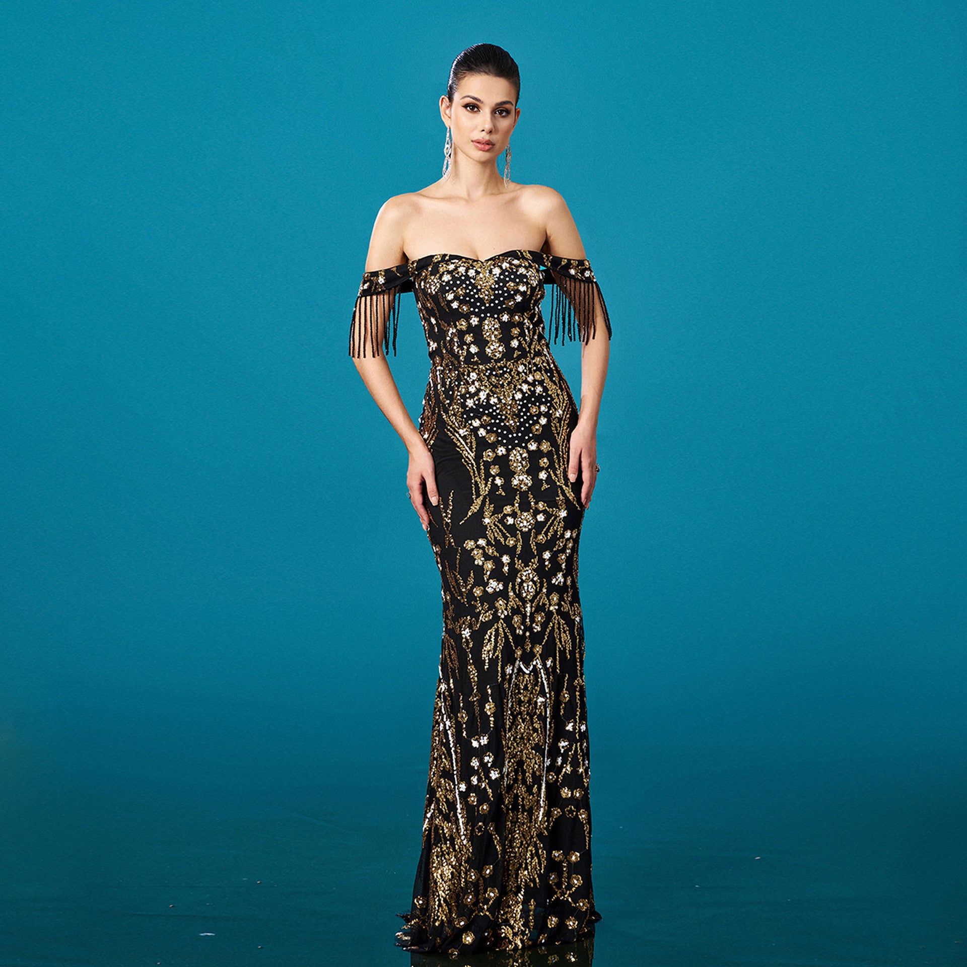 Off-neck Tassel Sequined Fishtail Evening Dress For Banquet