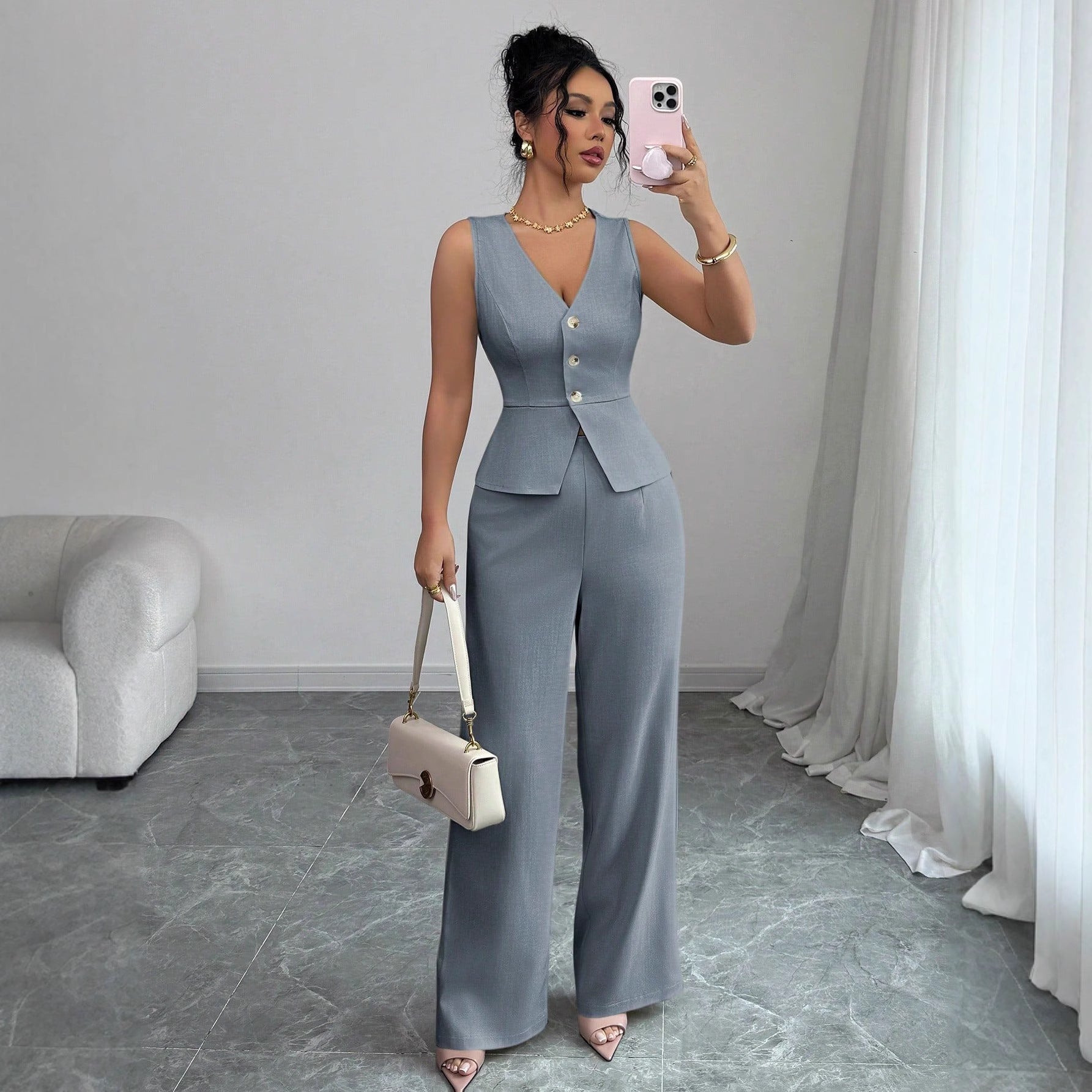 Solid Color Sleeveless Slim Fit Vest High Waist Trousers Two-piece Set