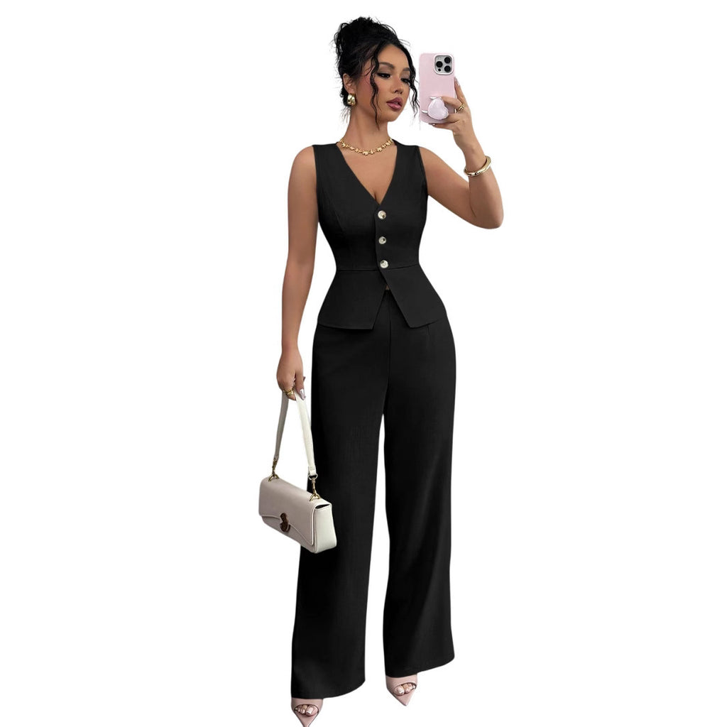 Solid Color Sleeveless Slim Fit Vest High Waist Trousers Two-piece Set
