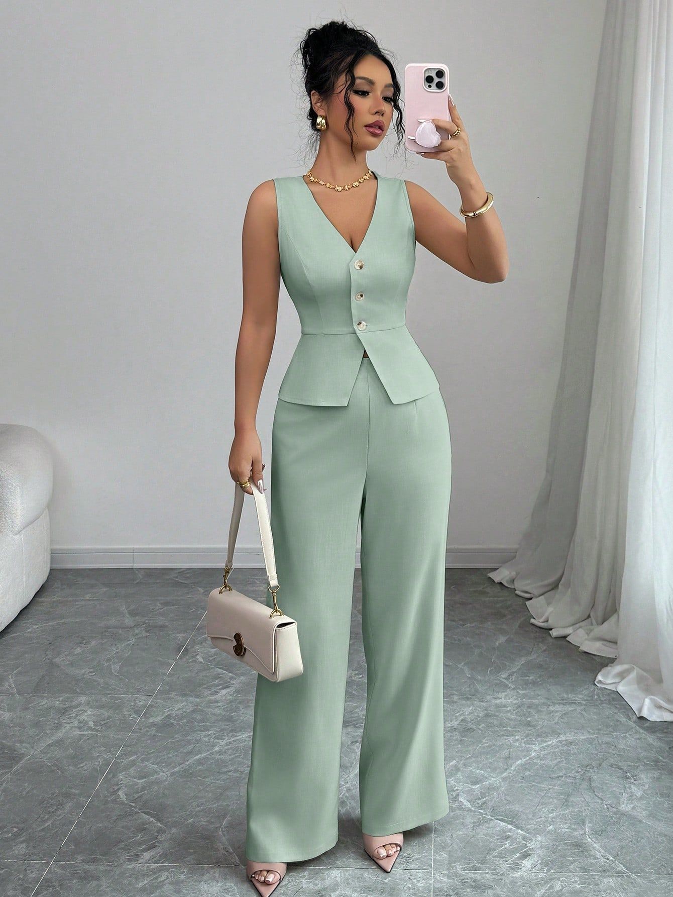 Solid Color Sleeveless Slim Fit Vest High Waist Trousers Two-piece Set